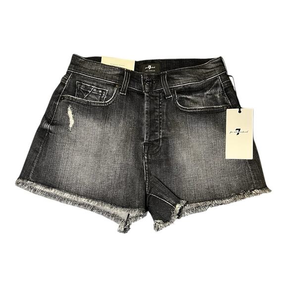 NWT 7 For All Mankind Black Distressed Denim Monroe Raw Cut‎ Off Shorts Size 24 - Picture 1 of 8